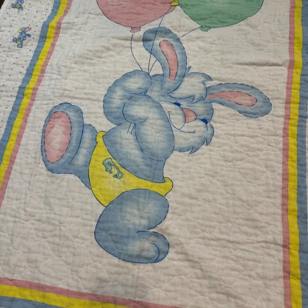 Vintage 80s Bunny Rabbit Balloons Baby Quilt Pastel Colors Nursery Decor Blanket
